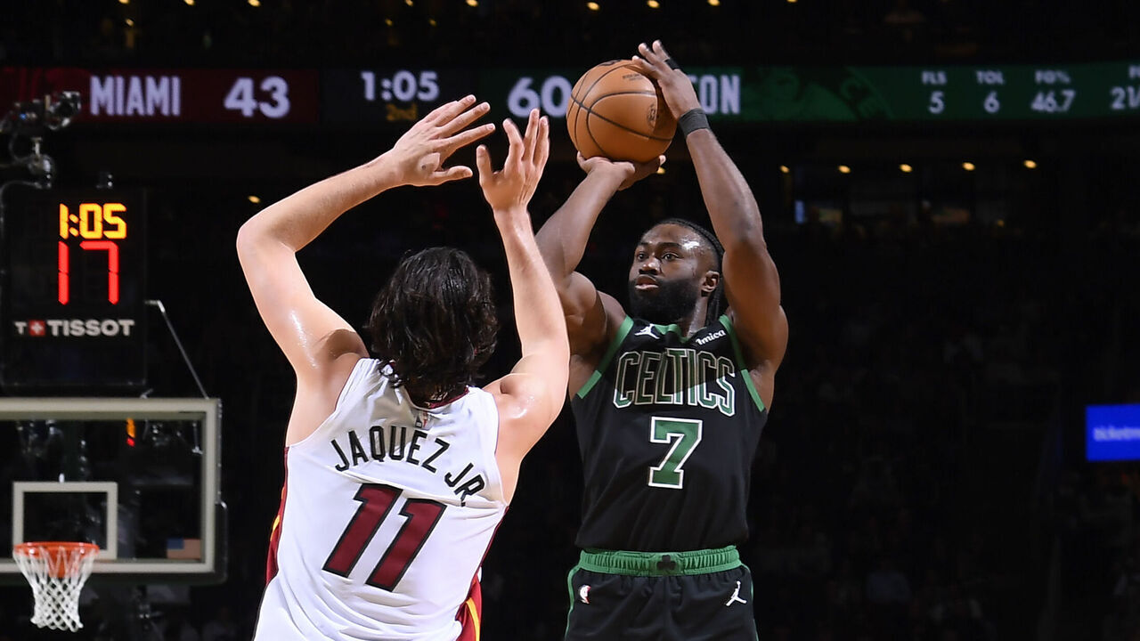 BOSTON, MA - DECEMBER 2: Jaylen Brown #7 of the Boston Celtics shoots a three point basket during the game against the Miami Heat on December 2, 2024 at TD Garden in Boston, Massachusetts. NOTE TO USER: User expressly acknowledges and agrees that, by downloading and/or using this Photograph, user is consenting to the terms and conditions of the Getty Images License Agreement. Mandatory Copyright Notice: Copyright 2024 NBAE