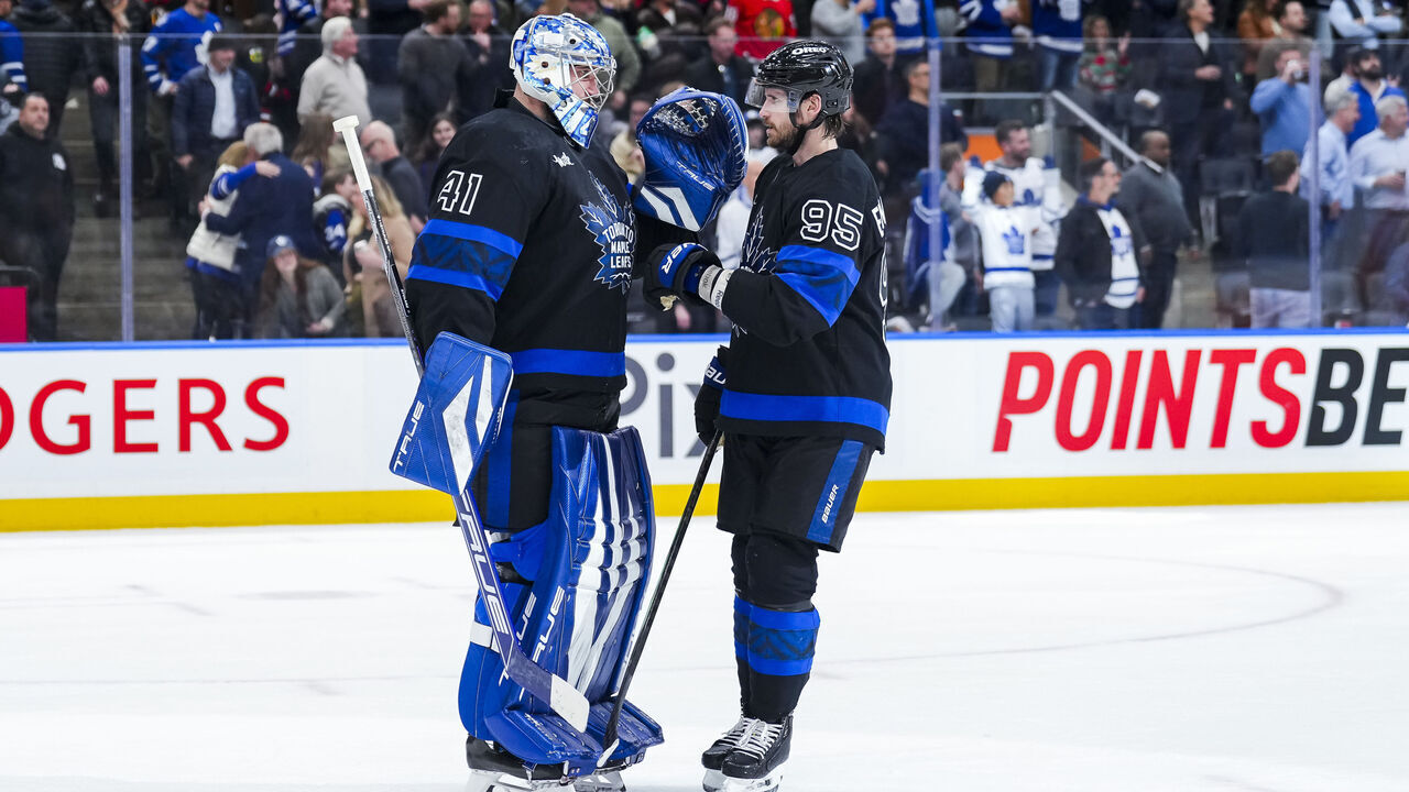 TORONTO, ON - DECEMBER 2: Oliver Ekman-Larsson #95 congratulates Anthony Stolarz #41 of the Toronto Maple Leafs following their win over the Chicago Blackhawks at the Scotiabank Arena on December 2, 2024 in Toronto, Ontario, Canada.