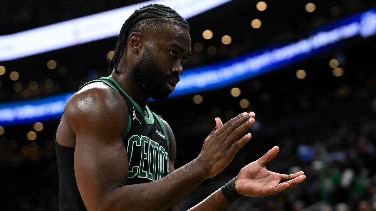 BOSTON, MASSACHUSETTS - DECEMBER 02: Jaylen Brown #7 of the Boston Celtics reacts after the Miami Heat passed the ball out of bounds during the second quarter at the TD Garden on December 02, 2024 in Boston, Massachusetts.