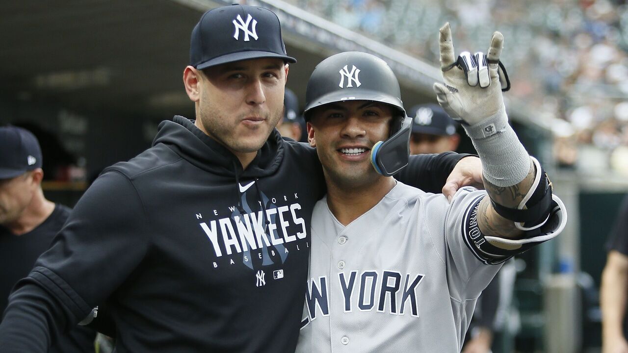 DETROIT, MI - AUGUST 29: Gleyber Torres #25 of the New York Yankees celebrates his home run with Anthony Rizzo #48 during the first inning of a game against the Detroit Tigers at Comerica Park on August 29, 2023 in Detroit, Michigan.