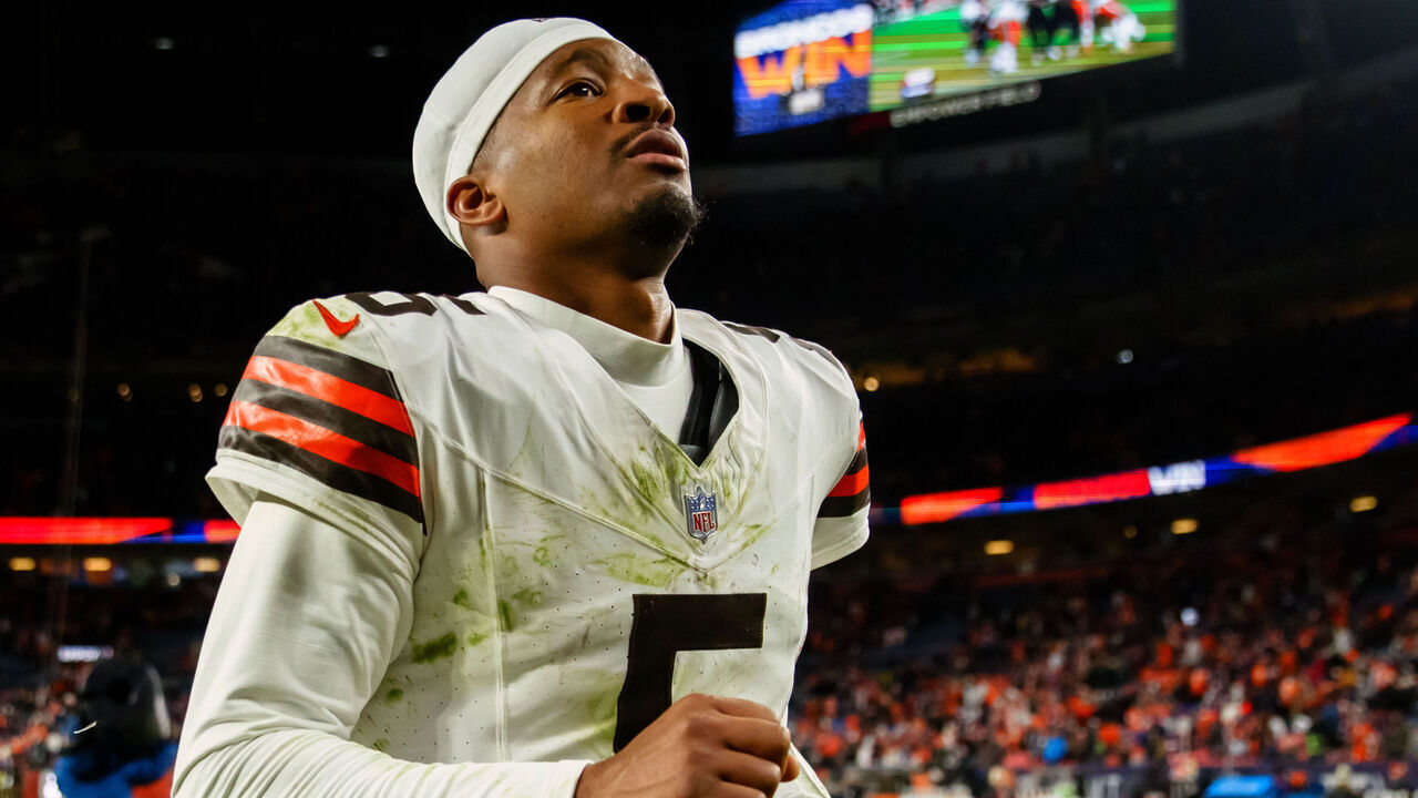 DENVER, CO - DECEMBER 2: Quarterback Jameis Winston #5 of the Cleveland Browns runs off the field after a 41-32 loss to the Denver Broncos at Empower Field at Mile High on December 2, 2024 in Denver, Colorado.
