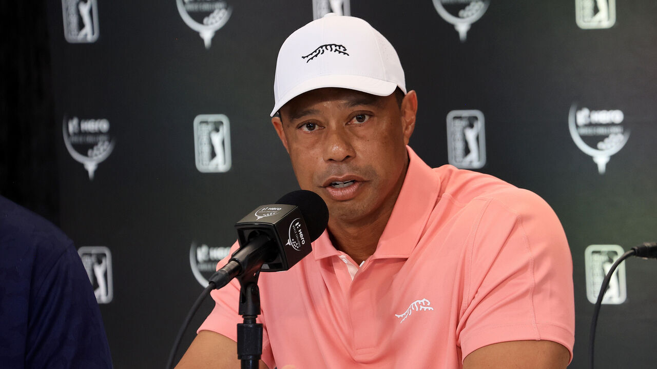 NASSAU, BAHAMAS - DECEMBER 03: Tiger Woods of the United States the tournament host speaks to the media during his media conference as a preview for the Hero World Challenge 2024 at Albany Golf Course on December 03, 2024 in Nassau, Bahamas.
