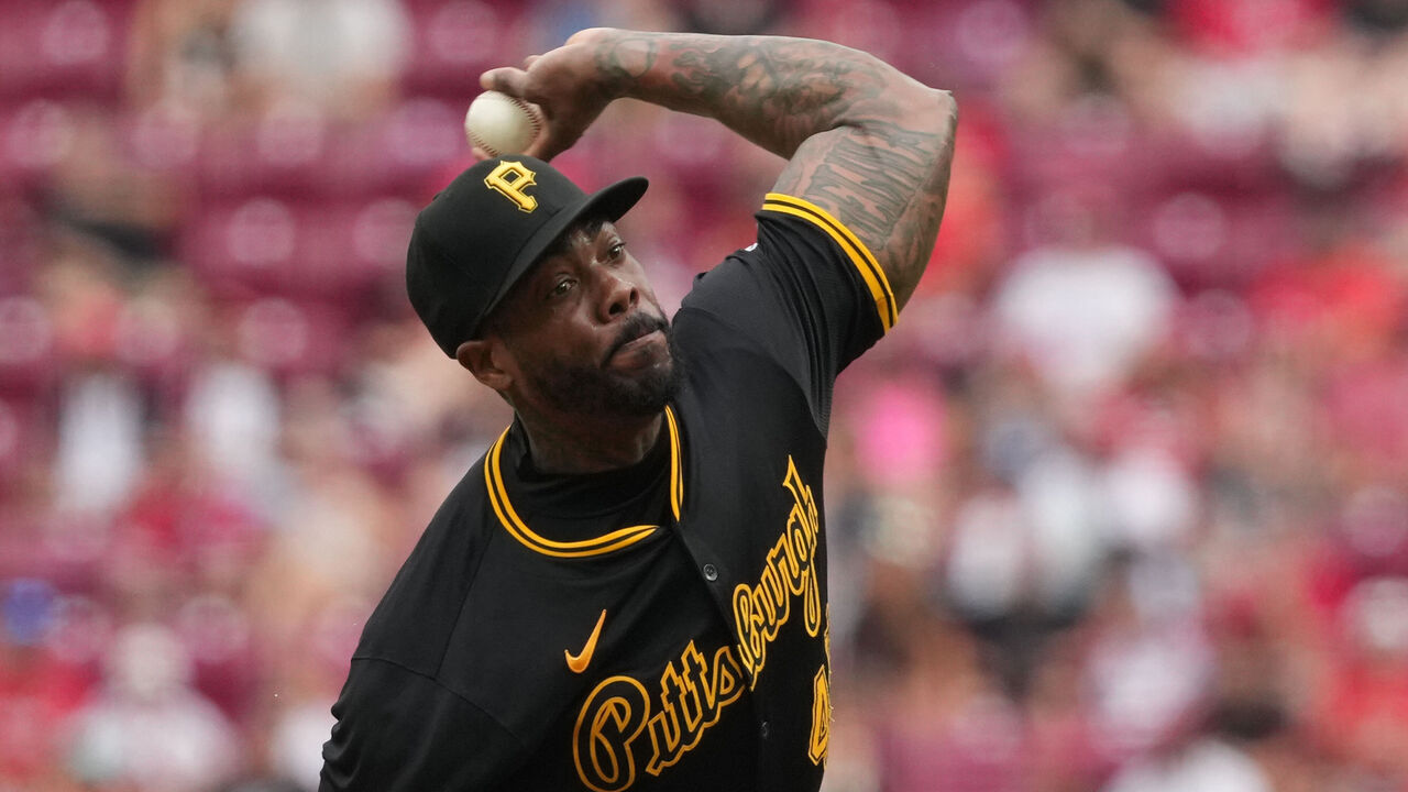 CINCINNATI, OHIO - SEPTEMBER 22: Aroldis Chapman #45 of the Pittsburgh Pirates pitches during the game against the Cincinnati Reds at Great American Ball Park on September 22, 2024 in Cincinnati, Ohio.
