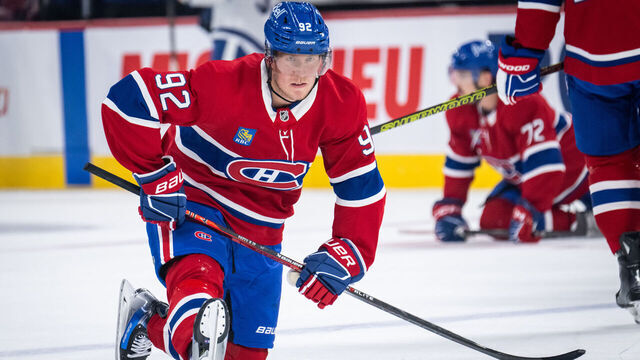 MONTREAL, QC - SEPTEMBER 28: Patrik Laine (92) of the Montreal Canadiens looks on during the warmup of the NHL pre-season game between the Toronto Maple Leafs and the Montreal Canadiens on Sept 28, 2024, at the Bell Centre in Montreal, QC