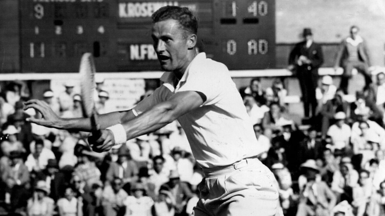 NSW Champs. -- N. Fraser volleys a return from Rosewall. November 17, 1955. .