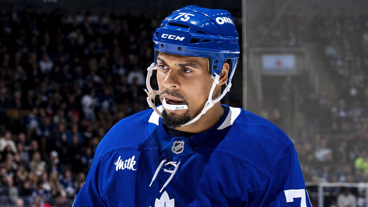 TORONTO, ON - OCTOBER 24: Ryan Reaves #75 of the Toronto Maple Leafs looks on against the St. Louis Blues at the Scotiabank Arena on October 24, 2024 in Toronto, Ontario, Canada.