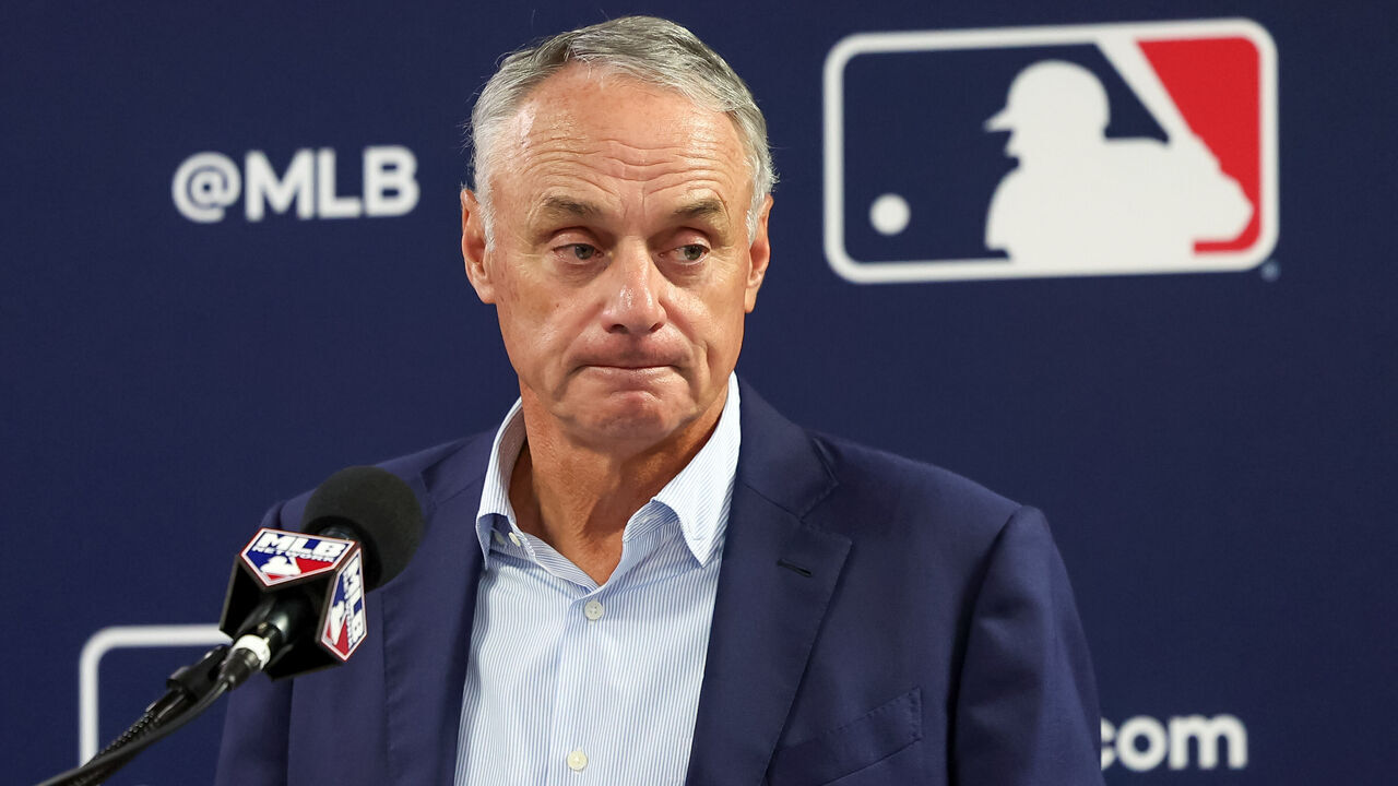 TAMPA, FL - FEBRUARY 15: Commissioner of Major League Baseball Robert D. Manfred Jr. speaks during the 2024 Grapefruit League Spring Training Media Day at George M. Steinbrenner Field on Thursday, February 15, 2024 in Tampa, Florida.