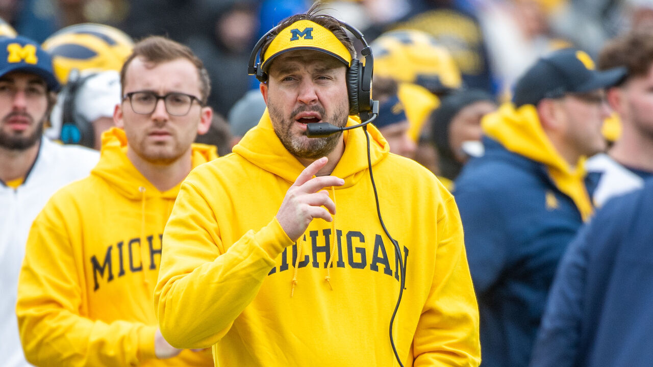 ANN ARBOR, MICHIGAN - APRIL 20: Offensive Coordinator Kirk Campbell of the Michigan Wolverines is seen on the sideline during the Spring Football Game at Michigan Stadium on April 20, 2024 in Ann Arbor, Michigan.