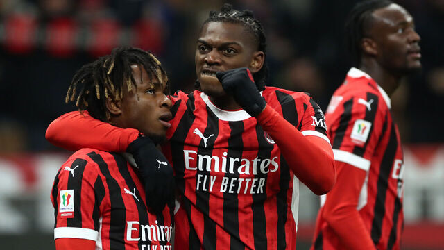 MILAN, ITALY - DECEMBER 03: Samuel Chukwueze of AC Milan celebrate with teammates Rafael Leao and Tammy Abraham of AC Milan after scoring his team's first goal during the Coppa Italia match between AC Milan and Sassuolo at Stadio Giuseppe Meazza on December 03, 2024 in Milan, Italy.