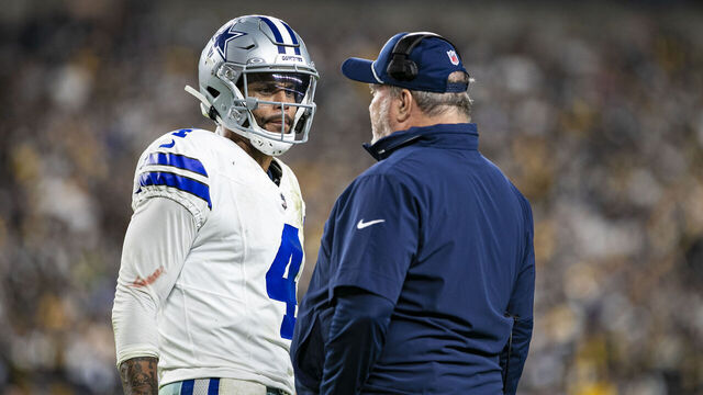 PITTSBURGH, PA - OCTOBER 06: Dallas Cowboys quarterback Dak Prescott (4) talks with Dallas Cowboys head coach Mike McCarthy during the regular season NFL football game between the Dallas Cowboys and Pittsburgh Steelers on October 06, 2024 at Acrisure Stadium in Pittsburgh, PA.