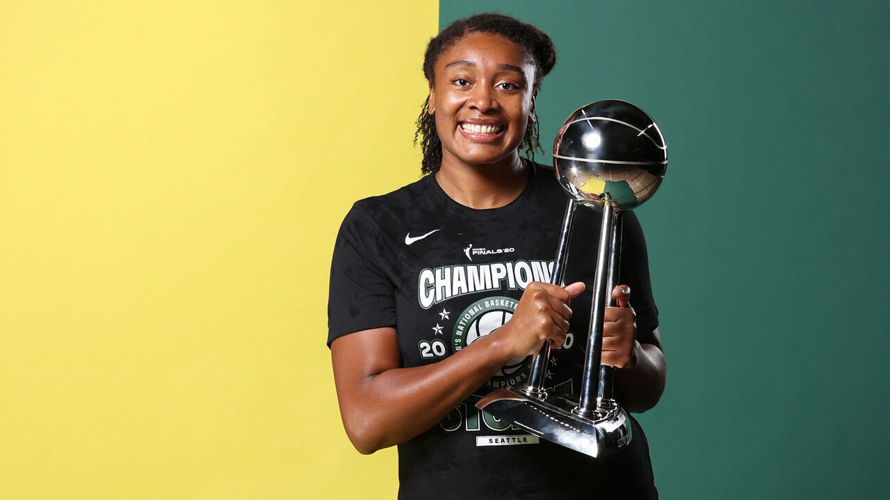 PALMETTO, FL - OCTOBER 6: Morgan Tuck #3 of the Seattle Storm poses for a portrait with the WNBA Championship Trophy after winning Game 3 of the 2020 WNBA Finals against the Las Vegas Aces on October 6, 2020 at Feld Entertainment Center in Palmetto, Florida. NOTE TO USER: User expressly acknowledges and agrees that, by downloading and/or using this Photograph, user is consenting to the terms and conditions of the Getty Images License Agreement. Mandatory Copyright Notice: Copyright 2020 NBAE