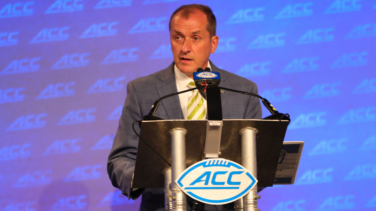 CHARLOTTE, NC - JULY 20: Atlantic Coast Conference Commissioner Jim Phillips speak to the press during the ACC Football Kickoff on Jul 20, 2022, at The Westin Charlotte in Charlotte, NC.