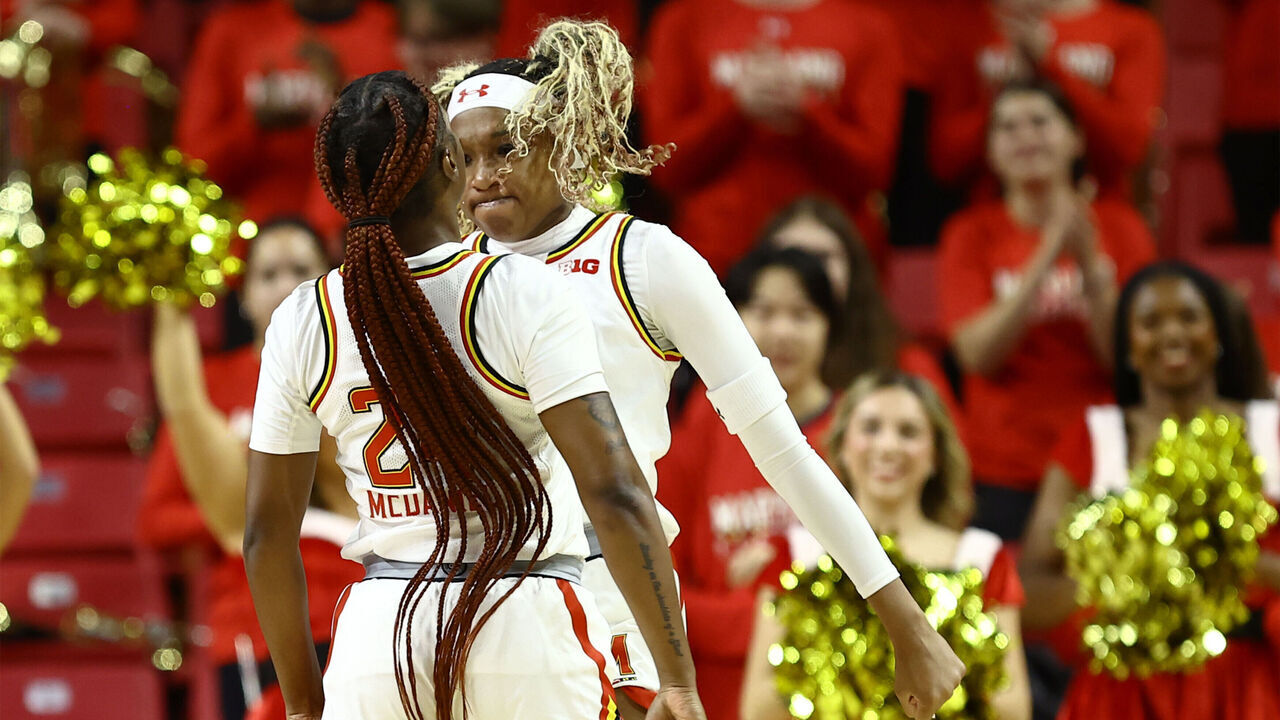 COLLEGE PARK, MARYLAND - DECEMBER 03: Bri McDaniel #24 and Christina Dalce #15 of the Maryland Terrapins react during the first half against the Mt. St. Mary's Mountaineers at Xfinity Center on December 03, 2024 in College Park, Maryland.