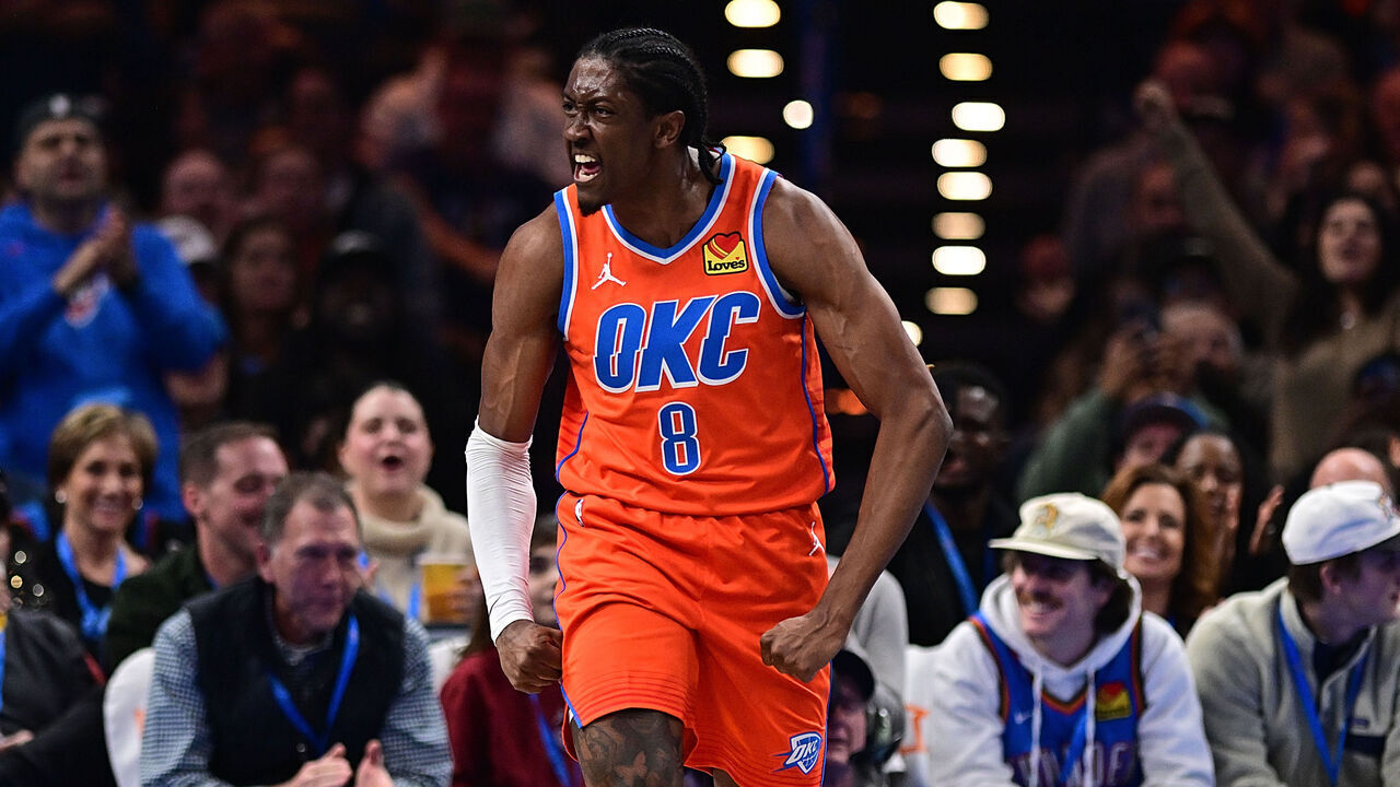 OKLAHOMA CITY, OKLAHOMA - DECEMBER 3: Jalen Williams #8 of the Oklahoma City Thunder celebrates after a made basket during the first half against the Utah Jazz at Paycom Center on December 3, 2024 in Oklahoma City, Oklahoma.