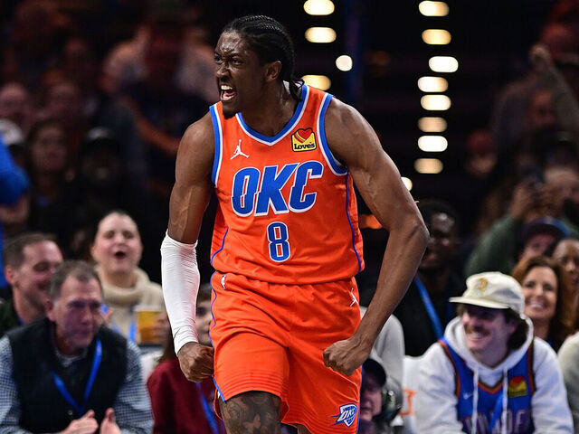 OKLAHOMA CITY, OKLAHOMA - DECEMBER 3: Jalen Williams #8 of the Oklahoma City Thunder celebrates after a made basket during the first half against the Utah Jazz at Paycom Center on December 3, 2024 in Oklahoma City, Oklahoma.
