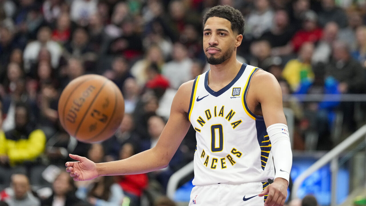 TORONTO, ON - DECEMBER 3: Tyrese Haliburton #0 of the Indiana Pacers looks on against the Toronto Raptors during the Emirates NBA Cup game at the Scotiabank Arena on December 3, 2024 in Toronto, Ontario, Canada. NOTE TO USER: User expressly acknowledges and agrees that, by downloading and/or using this Photograph, user is consenting to the terms and conditions of the Getty Images License Agreement.