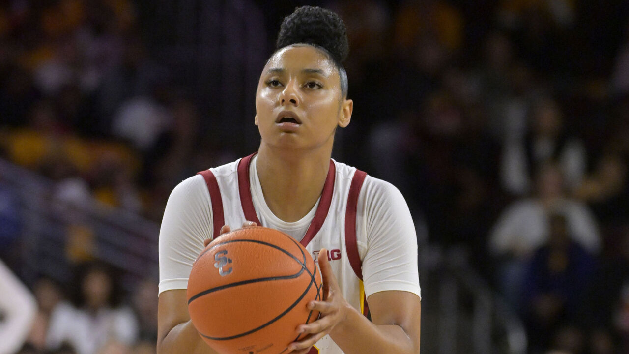 LOS ANGELES, CALIFORNIA - NOVEMBER 23: JuJu Watkins #12 of the USC Trojans handles the ball against the Notre Dame Fighting Irish at Galen Center on November 23, 2024 in Los Angeles, California.