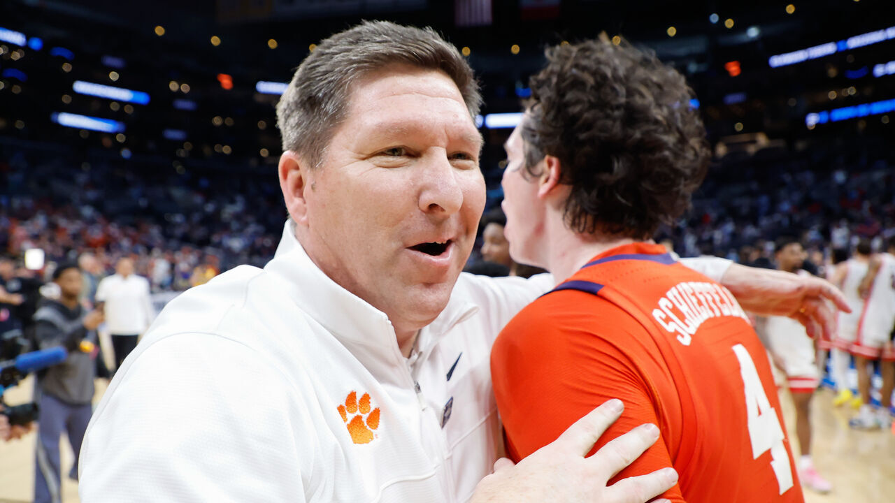 LOS ANGELES, CALIFORNIA - MARCH 28: Head coach Brad Brownell of the Clemson Tigers celebrates a 77-72 win in the Sweet Sixteen round of the 2024 NCAA Men's Basketball Tournament held at Crypto.com Arena on March 28, 2024 in Los Angeles, California.