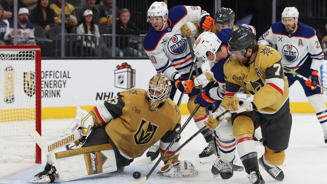 LAS VEGAS, NEVADA - DECEMBER 03: Adin Hill #33 of the Vegas Golden Knights makes a save during the third period against the Edmonton Oilers at T-Mobile Arena on December 03, 2024 in Las Vegas, Nevada.