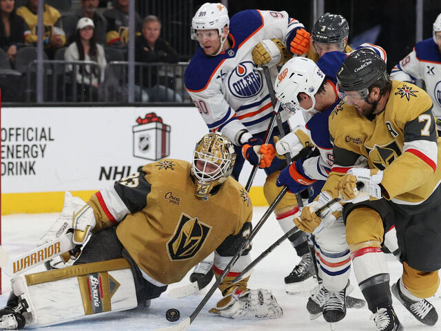 LAS VEGAS, NEVADA - DECEMBER 03: Adin Hill #33 of the Vegas Golden Knights makes a save during the third period against the Edmonton Oilers at T-Mobile Arena on December 03, 2024 in Las Vegas, Nevada.