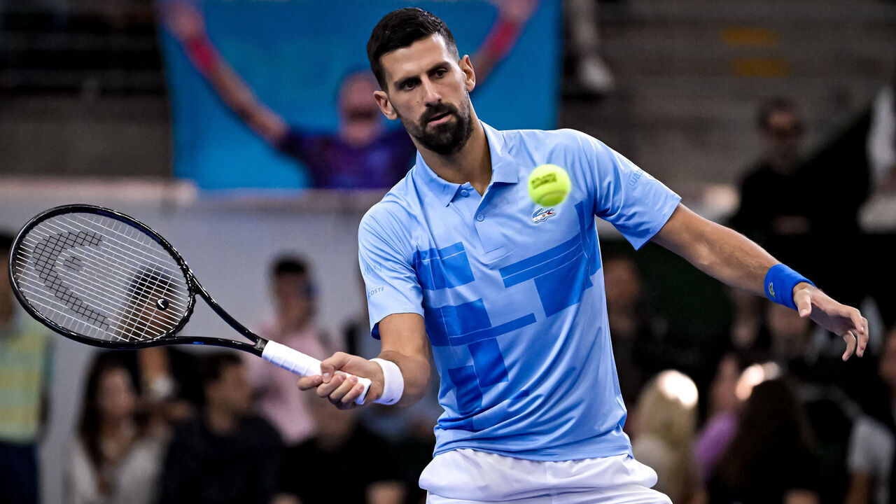 BUENOS AIRES, ARGENTINA - DECEMBER 1: Novak Djokovic of Serbia plays a forehand during a farewell game between Juan Martin Del Potro and Novak Djokovic at Mary Teran Weiss Stadium on December 1, 2024 in Buenos Aires, Argentina. Del Potro played as a professional tennis player during 17 years, winning the 2009 US Open and reaching bronze medal in he London 2012 Olympics and silver in the Rio de Janeiro 2016 Olympics.