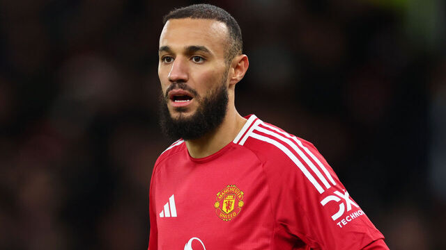 MANCHESTER, ENGLAND - NOVEMBER 28: Noussair Mazraoui of Manchester United during the UEFA Europa League 2024/25 League Phase MD5 match between Manchester United and FK Bodo/Glimt at Old Trafford on November 28, 2024 in Manchester, England.