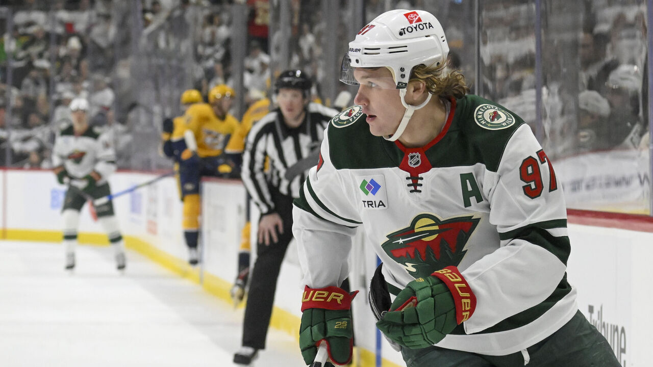 ST. PAUL, MN - NOVEMBER 30: Minnesota Wild forward Kirill Kaprizov (97) turns up ice during an NHL game between the Minnesota Wild and Nashville Predators on November 30, 2024, at Xcel Energy Center in St. Paul, MN.