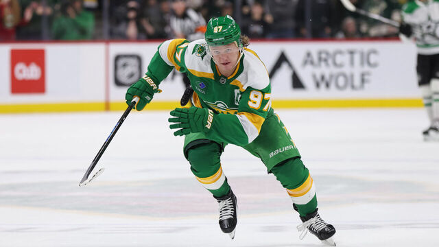 ST. PAUL, MN - NOVEMBER 16: Minnesota Wild left wing Kirill Kaprizov (97) skates after the puck during the NHL game between the Dallas Stars and the Minnesota Wild on November 16th, 2024, at the Xcel Energy Center in St. Paul, MN.