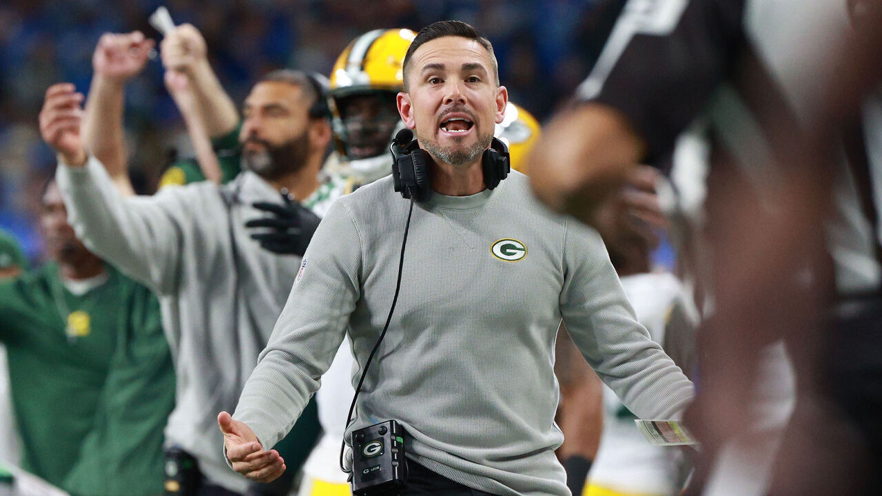 Green Bay Packers head coach Matt LaFleur reacts after a play during the first half of an NFL football game between the Green Bay Packers and the Detroit Lions in Detroit, Michigan USA, on Thursday, November 23, 2023.