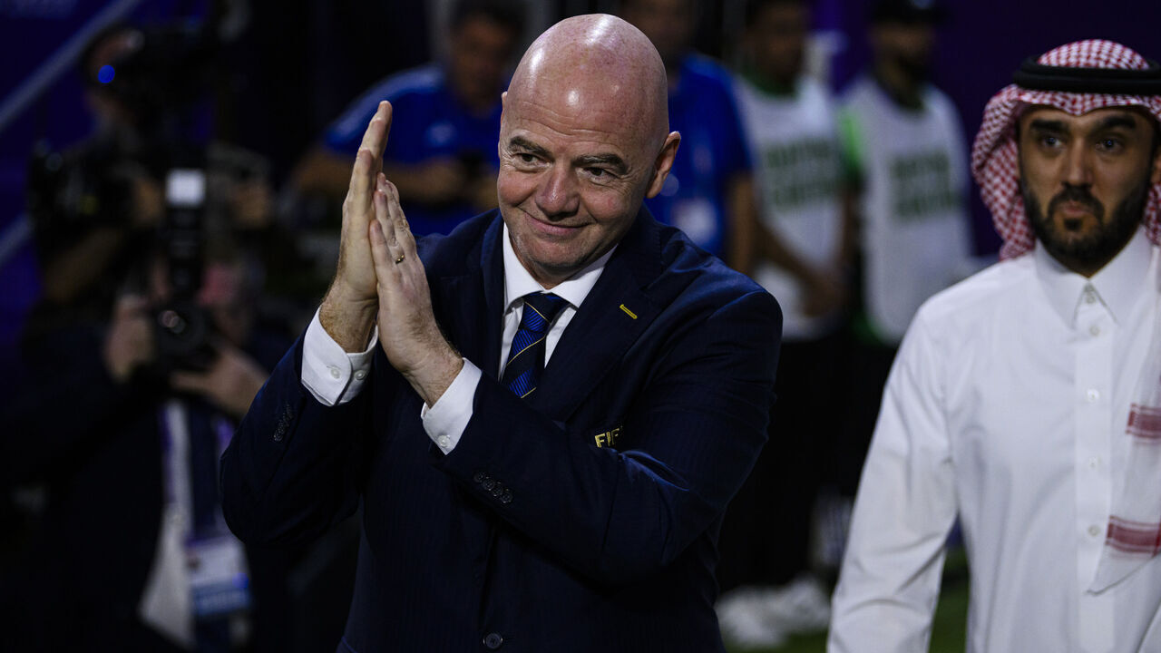 JEDDAH, SAUDI ARABIA - DECEMBER 22: FIFA president Gianni Infantino getting into the field for Trophy awards during the FIFA Club World Cup Final match between Manchester City and Fluminense at King Abdullah Sports City on December 22, 2023 in Jeddah, Saudi Arabia.