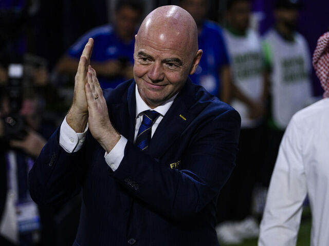 JEDDAH, SAUDI ARABIA - DECEMBER 22: FIFA president Gianni Infantino getting into the field for Trophy awards during the FIFA Club World Cup Final match between Manchester City and Fluminense at King Abdullah Sports City on December 22, 2023 in Jeddah, Saudi Arabia.
