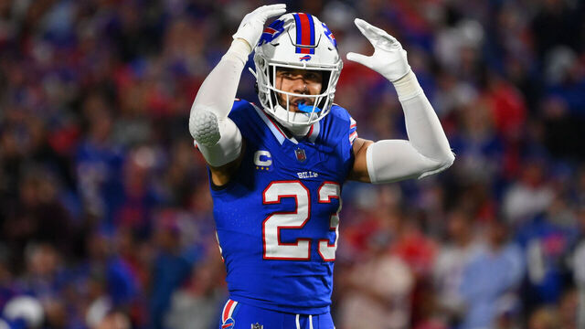 ORCHARD PARK, NEW YORK - OCTOBER 26: Micah Hyde #23 of the Buffalo Bills gestures to the crowd against the Tampa Bay Buccaneers during the second half at Highmark Stadium on October 26, 2023 in Orchard Park, New York.