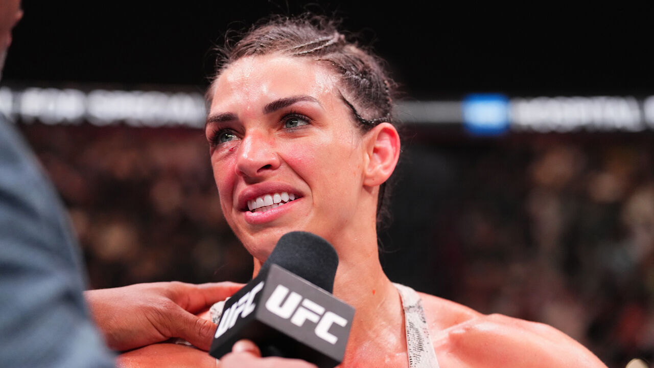 ABU DHABI, UNITED ARAB EMIRATES - AUGUST 03: Mackenzie Dern is interviewed after defeating Loopy Godinez of Mexico in a lightweight fight during the UFC Fight Night event at Etihad Arena on August 03, 2024 in Abu Dhabi, United Arab Emirates.