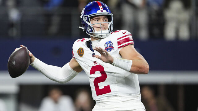 ARLINGTON, TX - NOVEMBER 28: Drew Lock #2 of the New York Giants throws the ball during an NFL football game against the Dallas Cowboys at AT&T Stadium on November 28, 2024 in Arlington, Texas.