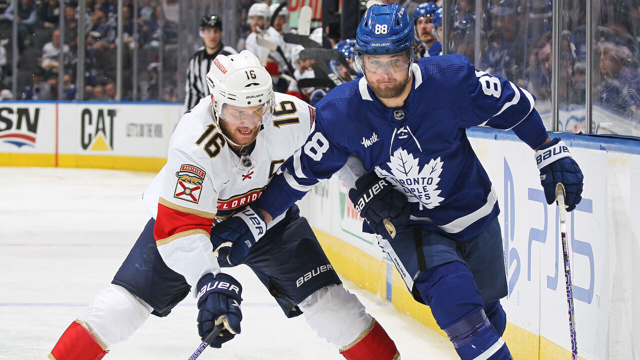 TORONTO, CANADA - MAY 12: Aleksander Barkov #16 of the Florida Panthers battles against William Nylander #88 of the Toronto Maple Leafs during Game Five of the Second Round of the 2023 Stanley Cup Playoffs at Scotiabank Arena on May 12, 2023 in Toronto, Ontario, Canada. The Panthers defeated the Maple Leafs 3-2 in overtime.