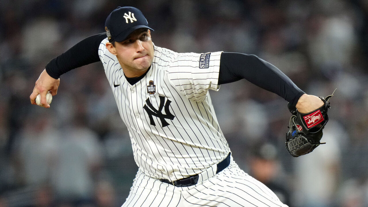 NEW YORK, NY - OCTOBER 30: Tommy Kahnle #41 of the New York Yankees pitches during Game 5 of the 2024 World Series presented by Capital One between the Los Angeles Dodgers and the New York Yankees at Yankee Stadium on Wednesday, October 30, 2024 in New York, New York.