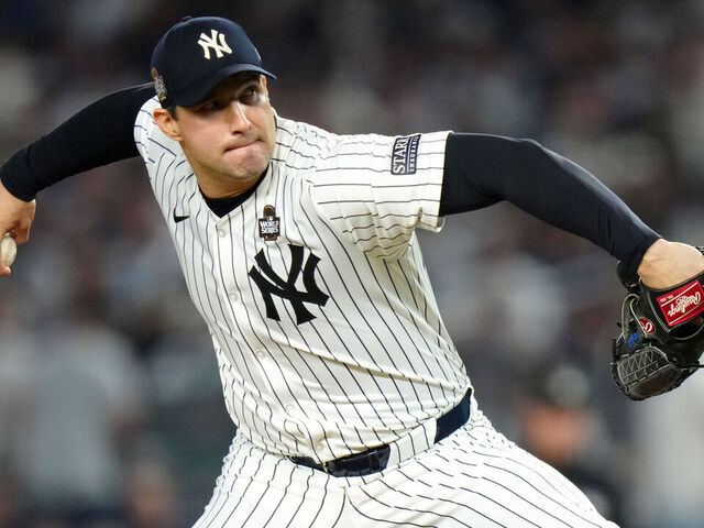 NEW YORK, NY - OCTOBER 30: Tommy Kahnle #41 of the New York Yankees pitches during Game 5 of the 2024 World Series presented by Capital One between the Los Angeles Dodgers and the New York Yankees at Yankee Stadium on Wednesday, October 30, 2024 in New York, New York.
