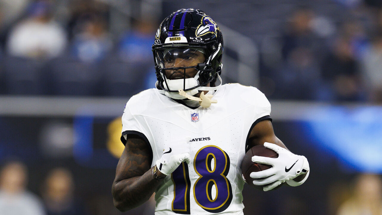 INGLEWOOD, CALIFORNIA - NOVEMBER 25: Diontae Johnson #18 of the Baltimore Ravens runs after the catch before a game against the Los Angeles Chargers at SoFi Stadium on November 25, 2024 in Inglewood, California.