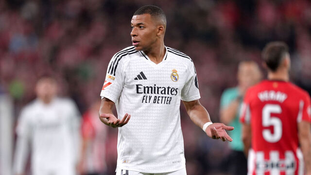 BILBAO, SPAIN - DECEMBER 04: Kylian Mbappe of Real Madrid reacts during the LaLiga match between Athletic Club and Real Madrid CF at Estadio de San Mames on December 04, 2024 in Bilbao, Spain.