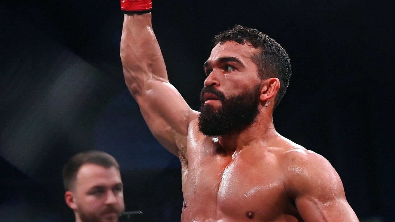 Northern Ireland , United Kingdom - 22 March 2024; Patricio Pitbull celebrates after defeating Jeremy Kennedy in their featherweight title bout during the Bellator Champions Series at the SSE Arena in Belfast.