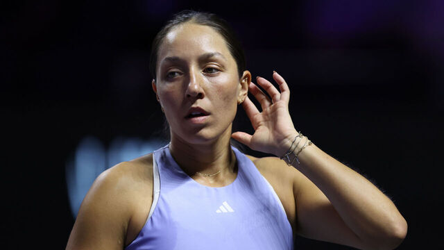 RIYADH, SAUDI ARABIA - NOVEMBER 05: Jessica Pegula of the United States shows her dejection during her straight sets defeat against Barbora Krejcikova of Czechia in their round robin singles match during Day 4 of the 2024 WTA Finals Riyadh as part of the Hologic WTA Tour at King Saud University Indoor Arena on November 05, 2024 in Riyadh, Saudi Arabia.