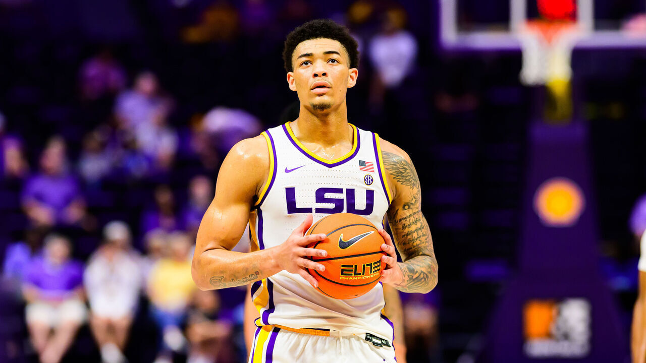 BATON ROUGE, LOUISIANA - NOVEMBER 11: Jalen Reed #9 of the LSU Tigers in action against the Alabama State Hornets at the Pete Maravich Assembly Center on November 11, 2024 in Baton Rouge, Louisiana.
