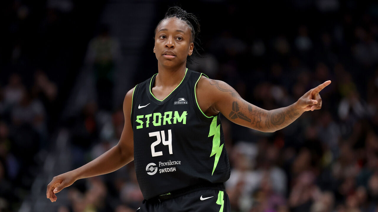 SEATTLE, WASHINGTON - JUNE 11: Jewell Loyd #24 of the Seattle Storm reacts during the second quarter against the Los Angeles Sparks at Climate Pledge Arena on June 11, 2024 in Seattle, Washington.