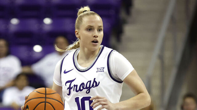 FORT WORTH, TX - NOVEMBER 5: Hailey Van Lith #10 of the TCU Horned Frogs handles the ball against the Houston Christian Huskies in the first half at Schollmaier Arena on November 5, 2024 in Fort Worth, Texas.
