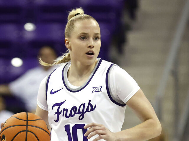 FORT WORTH, TX - NOVEMBER 5: Hailey Van Lith #10 of the TCU Horned Frogs handles the ball against the Houston Christian Huskies in the first half at Schollmaier Arena on November 5, 2024 in Fort Worth, Texas.