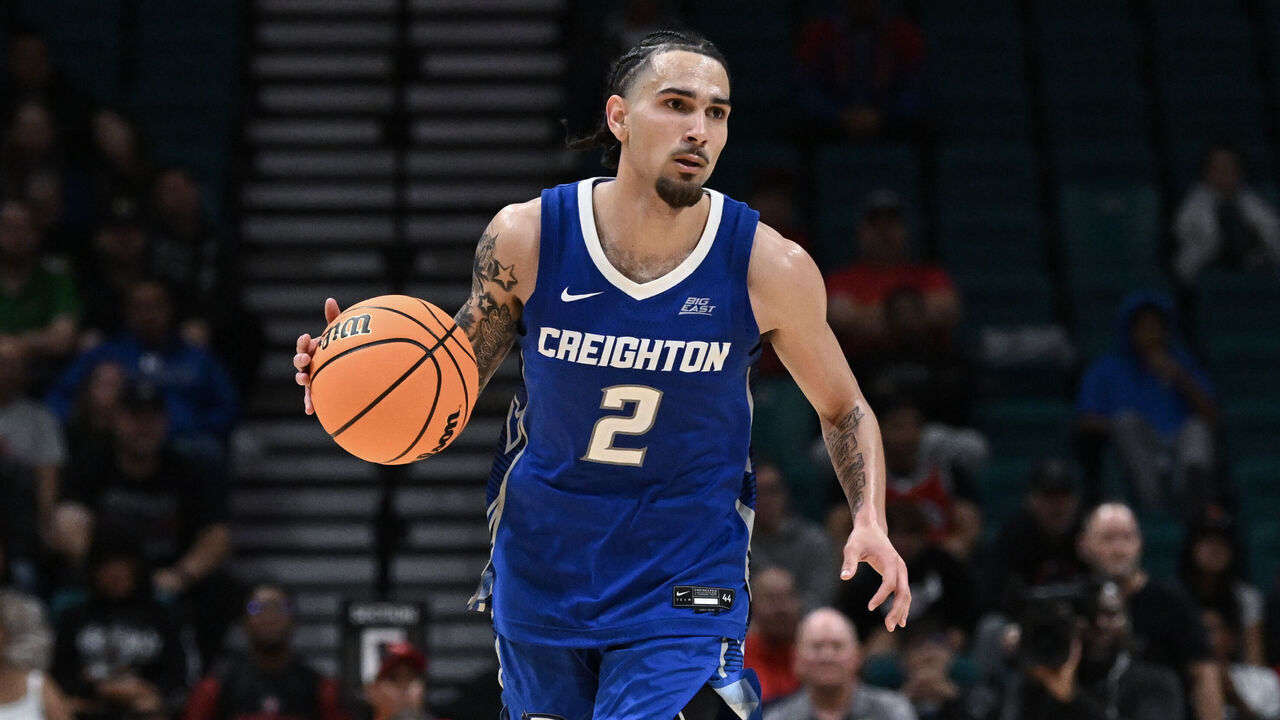 LAS VEGAS, NEVADA - NOVEMBER 26: Pop Isaacs #2 of the Creighton Bluejays dribbles the ball up the court against the San Diego State Aztecs in the second half of their game during the Players Era Festival basketball tournament at MGM Grand Garden Arena on November 26, 2024 in Las Vegas, Nevada. The Aztecs defeated the Bluejays 71-53.