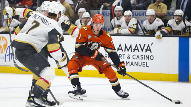 ANAHEIM, CA - DECEMBER 4: Trevor Zegras #11 of the Anaheim Ducks skates with the puck during the game against the Vegas Golden Knights on December 4, 2024 at Honda Center in Anaheim, California.