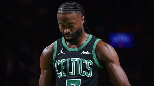 BOSTON, MA - DECEMBER 2: Jaylen Brown #7 of the Boston Celtics looks on during the game against the Miami Heat on December 2, 2024 at TD Garden in Boston, Massachusetts. NOTE TO USER: User expressly acknowledges and agrees that, by downloading and/or using this Photograph, user is consenting to the terms and conditions of the Getty Images License Agreement. Mandatory Copyright Notice: Copyright 2024 NBAE