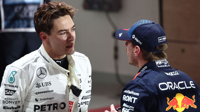 George Russell of Mercedes and Max Verstappen of Red Bull Racing after qualifying ahead of the Formula 1 Grand Prix of Qatar at Lusail International Circuit in Lusail, Qatar on November 30, 2024.