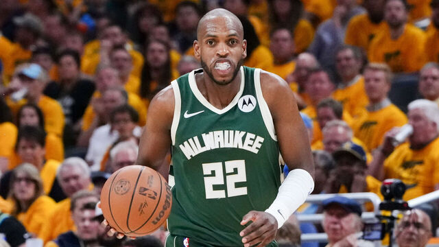 INDIANAPOLIS, INDIANA - MAY 02: Khris Middleton #22 of the Milwaukee Bucks dribbles the ball in the third quarter against the Indiana Pacers during game six of the Eastern Conference First Round Playoffs at Gainbridge Fieldhouse on May 02, 2024 in Indianapolis, Indiana.